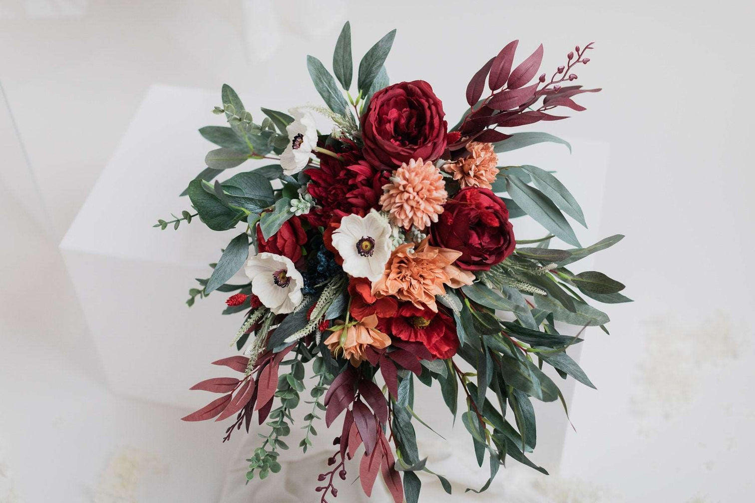 hiddenbotanicsweddings Bouquets Colourful Artificial Flowers Bridal Bouquet - Burgundy Red & Peach