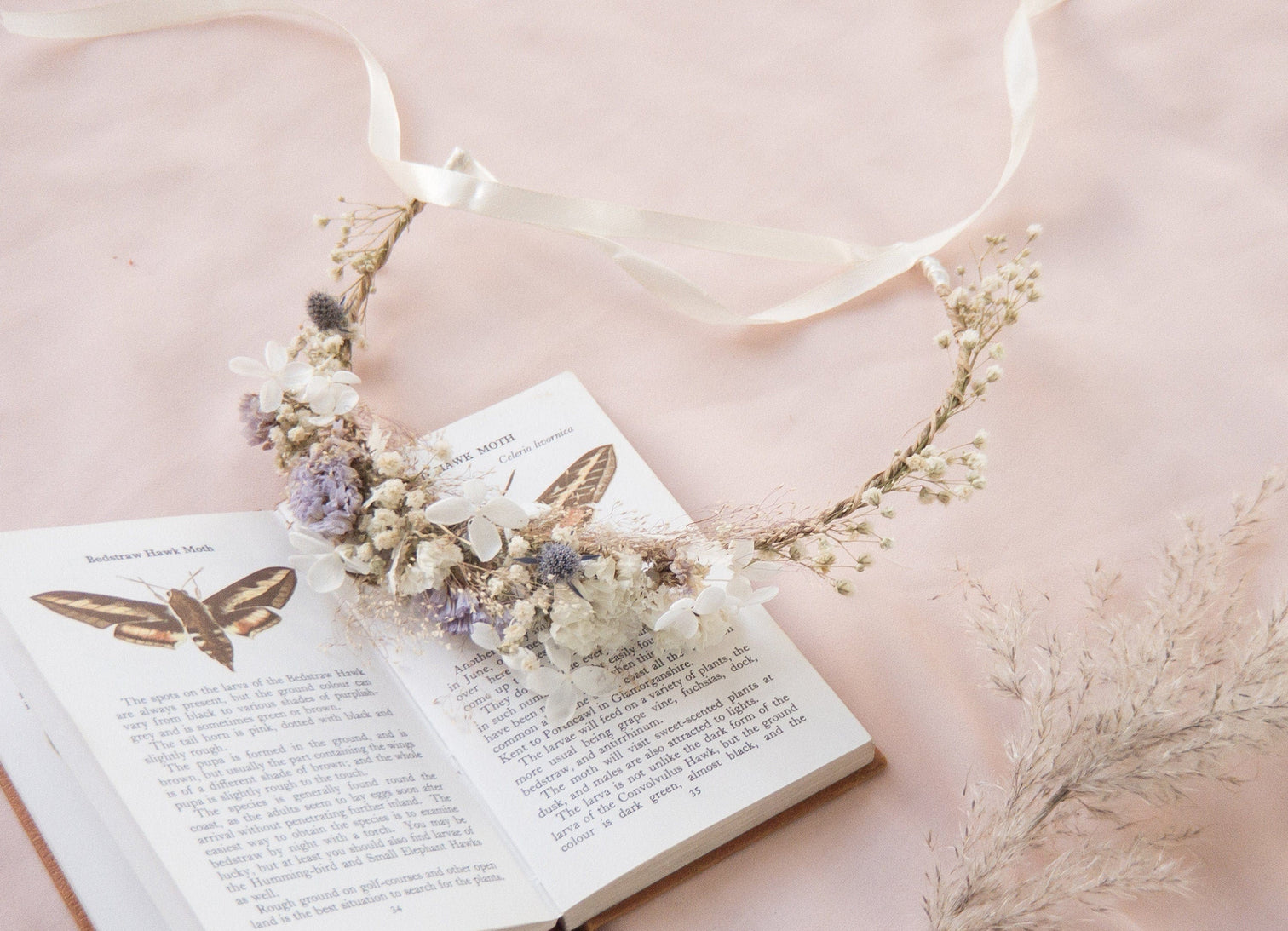 hiddenbotanicsweddings Hair Crowns Hydrangea Wedding Half Crown / Baby's Breath Dried Grasses Crown / Dried Flower Crown / Boho Bridal Crown