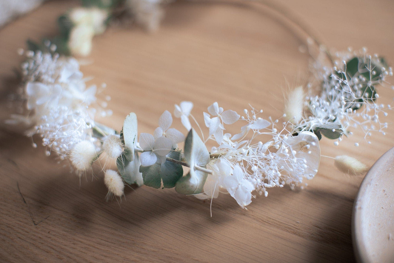 hiddenbotanicsweddings Hair Crowns Mini Baby's Breath and Dried Eucalyptus Crown / Bunny Tails Preserved Hydrangea Bridal Flower Crown