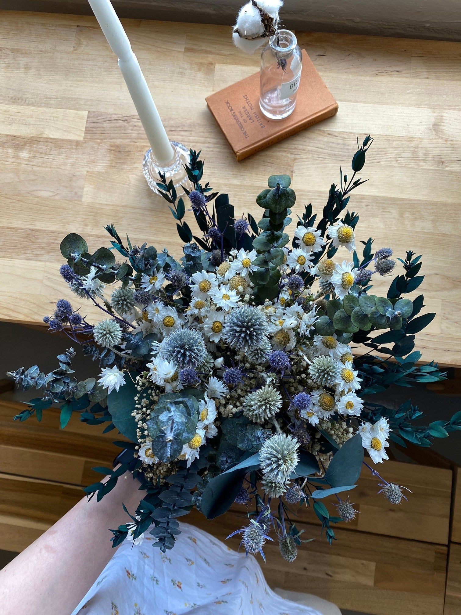 hiddenbotanicsweddings Scottish Globe Thistle & Dried Daisies Bridal Bouquet / Greenery Eucalyptus Bouquet / Boho Bride Spring Flowers