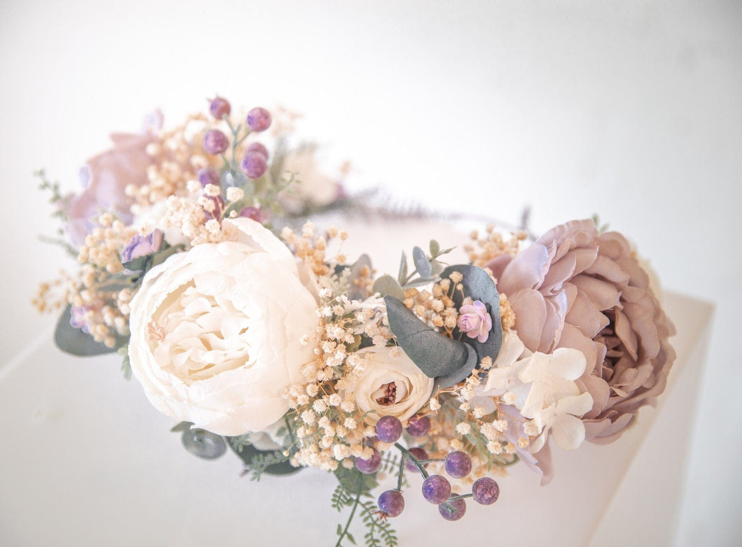 hiddenbotanicsweddings Hair Crowns Pastel Boho Flower Crown / Boho Headpiece / Festival Crown / Bridal Crown with dried gypsophilas and artificial peonies