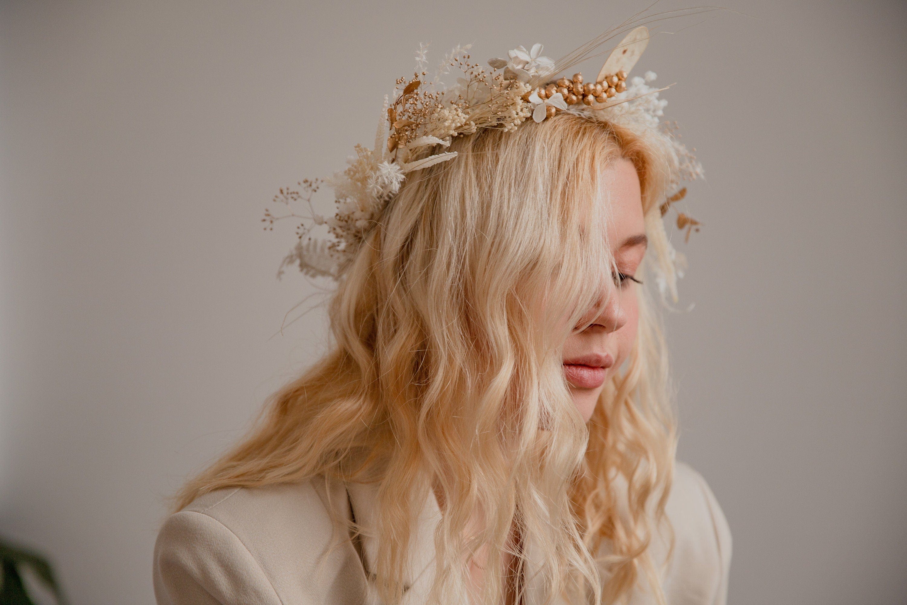 hiddenbotanicsweddings Hair Crowns Golden Berries and Preserved Lunaria Crown/ Pampas Grass Dried Grasses Crown / Dried Flower Crown / Boho Bridal Crown