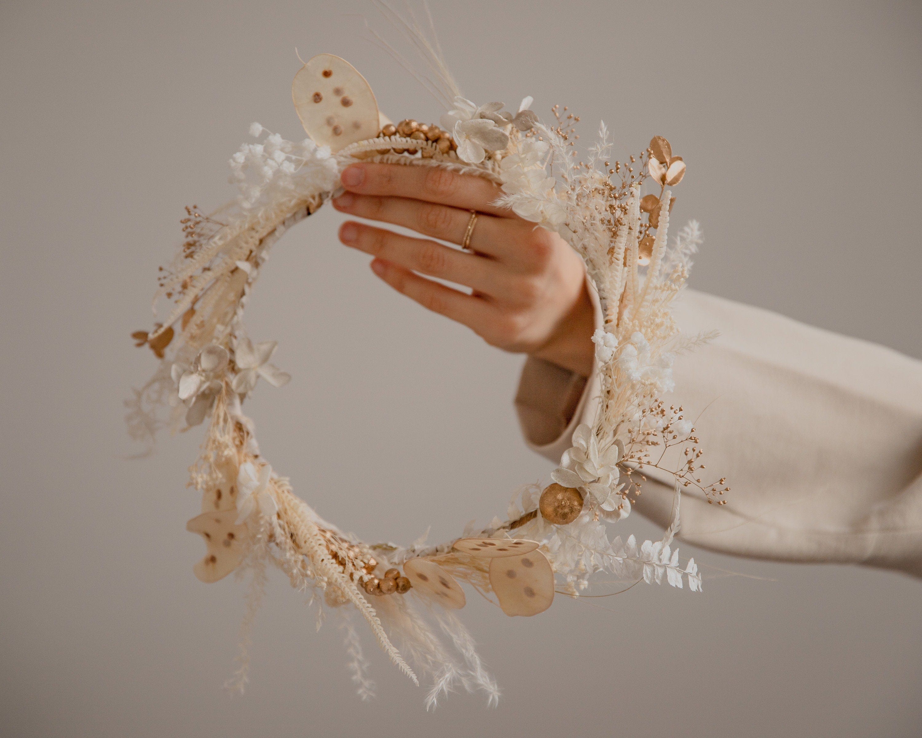 hiddenbotanicsweddings Hair Crowns Golden Berries and Preserved Lunaria Crown/ Pampas Grass Dried Grasses Crown / Dried Flower Crown / Boho Bridal Crown