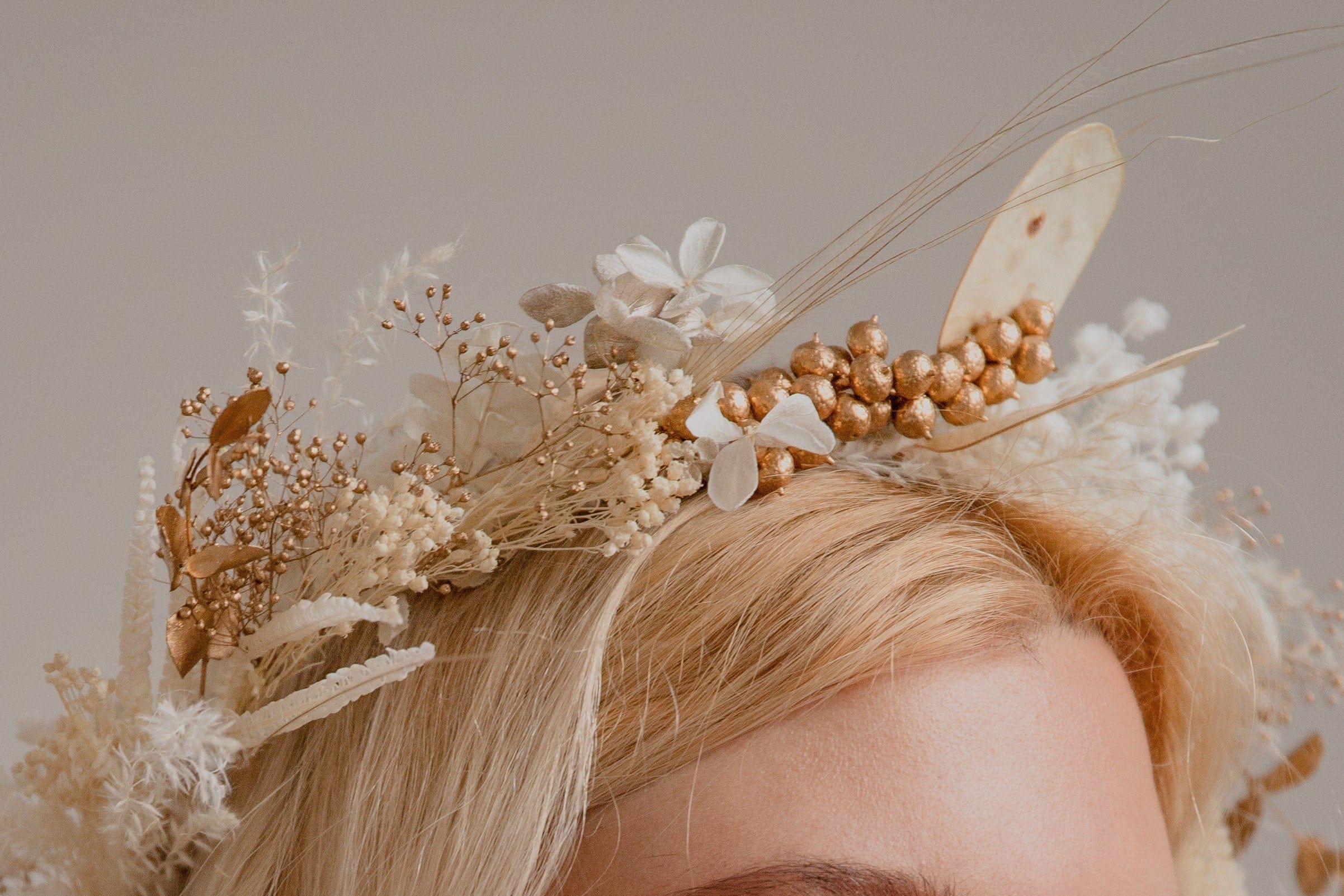 hiddenbotanicsweddings Hair Crowns Golden Berries and Preserved Lunaria Crown/ Pampas Grass Dried Grasses Crown / Dried Flower Crown / Boho Bridal Crown