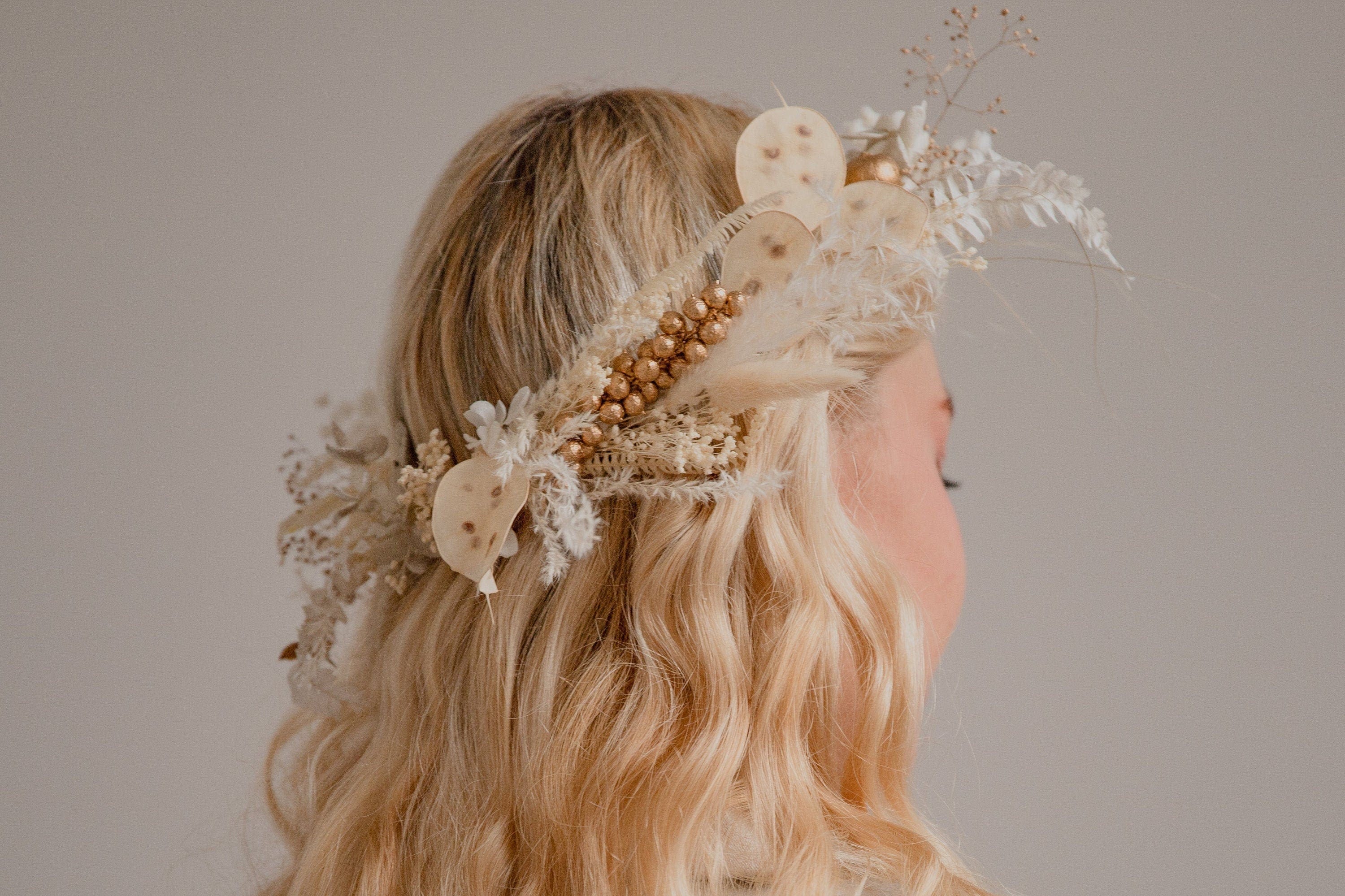 hiddenbotanicsweddings Hair Crowns Golden Berries and Preserved Lunaria Crown/ Pampas Grass Dried Grasses Crown / Dried Flower Crown / Boho Bridal Crown