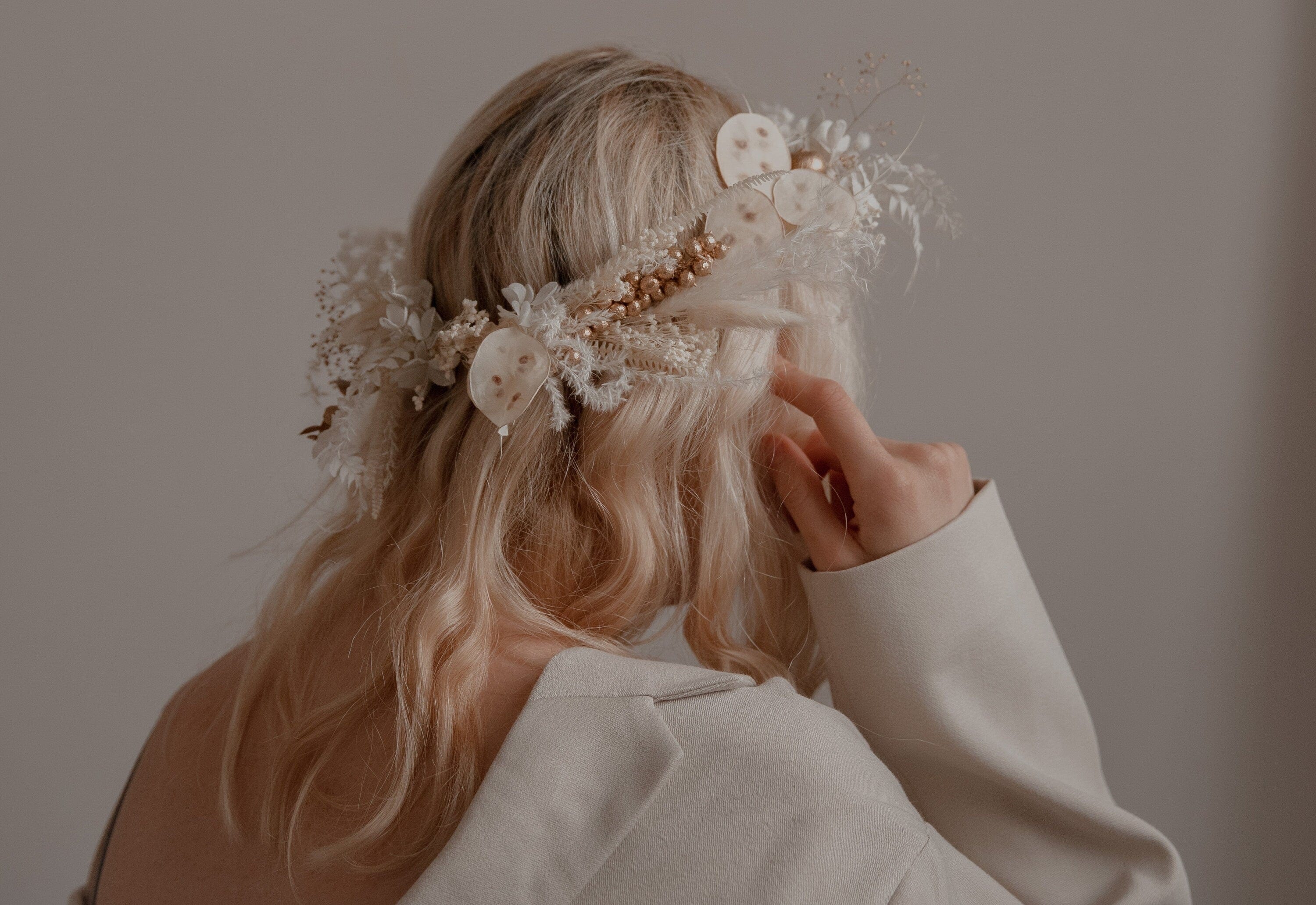 hiddenbotanicsweddings Hair Crowns Golden Berries and Preserved Lunaria Crown/ Pampas Grass Dried Grasses Crown / Dried Flower Crown / Boho Bridal Crown