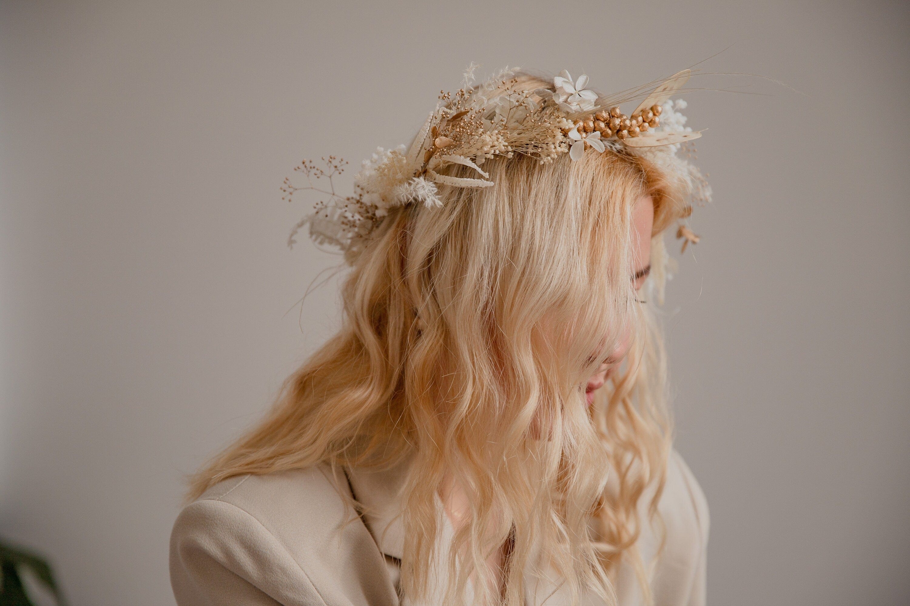 hiddenbotanicsweddings Hair Crowns Golden Berries and Preserved Lunaria Crown/ Pampas Grass Dried Grasses Crown / Dried Flower Crown / Boho Bridal Crown
