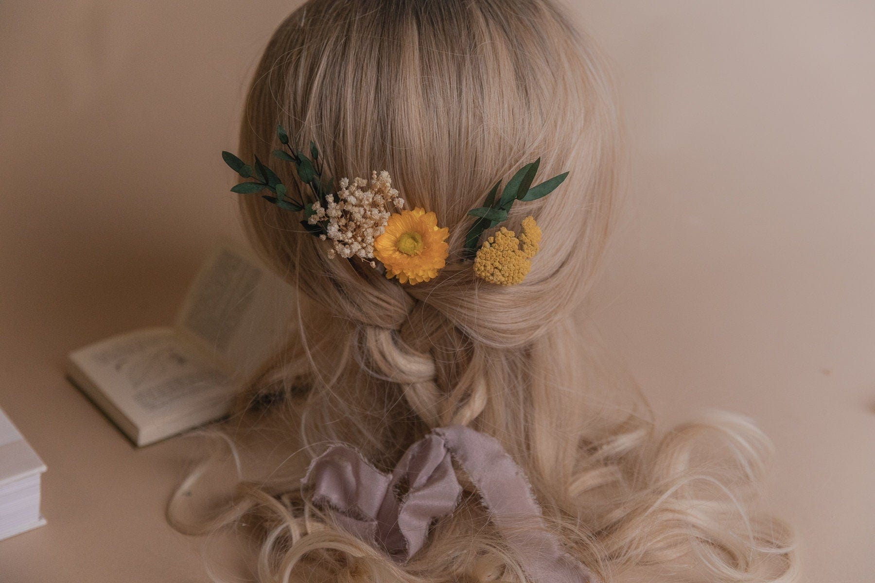 hiddenbotanicsweddings Hair Pin Sets Preserved Eucalyptus & Yellow Yarrow Flowers With Yellow Straw Flowers Boho Bridal Hair Pin Set 5 Piece