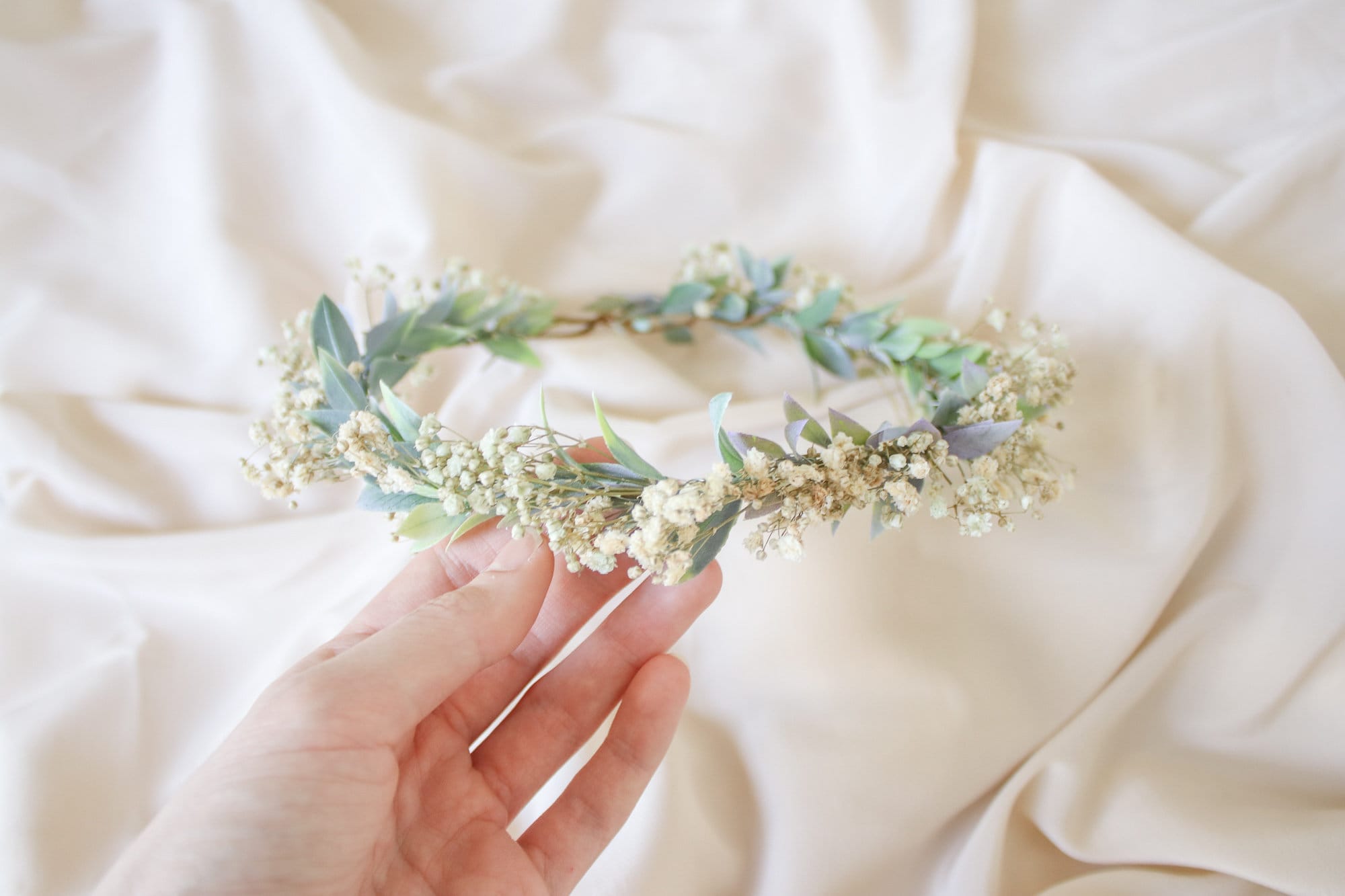 hiddenbotanicsweddings Hair Crowns Boho Flower Wreath, Baby's Breath Flower Crown, Woodland Flower Crown, Rustic Forest Herbs, Boxwood Wedding Crown, Bride Crown, Green Crown