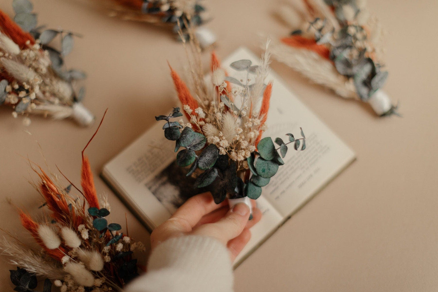 hiddenbotanicsweddings Buttonholes/Boutonnieres Burnt Orange Lagurus & Eucalyptus Boutonnieres / Lapel Pin For Men / Groom Pin / Boho Boutonniere / Groom Boutonniere
