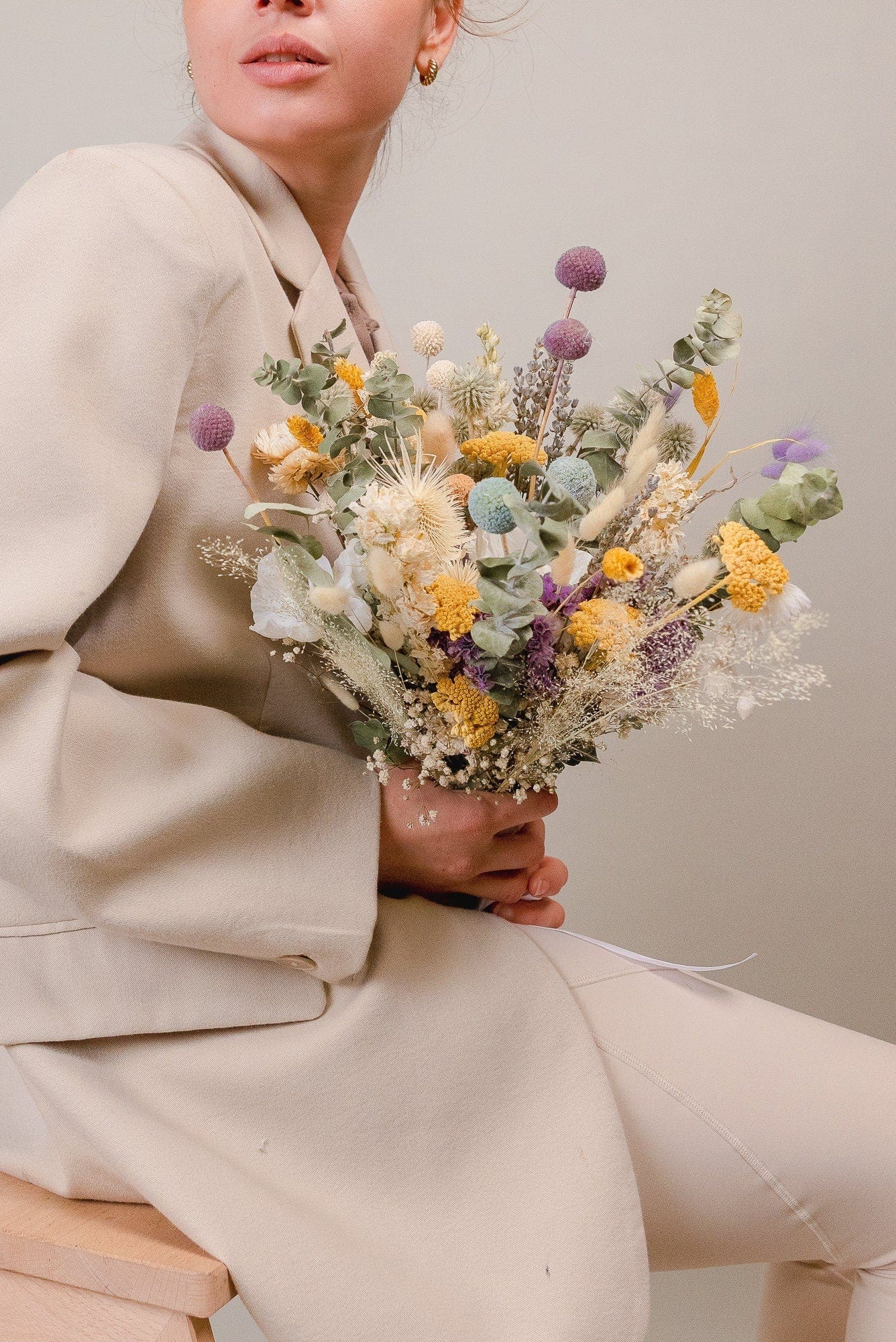 hiddenbotanicsweddings Black Eyed Anemone & Dried eucalyptus Wildflower bridal bouquet / Lilac Billy balls bouquet / Boho bride spring flowers / Greenery Bouquet