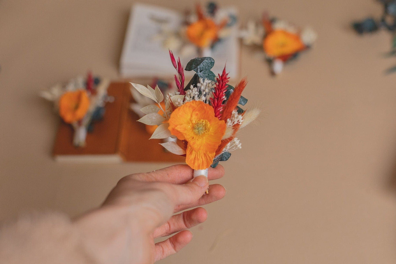 hiddenbotanicsweddings Buttonholes/Boutonnieres Silk Orange Poppy & Eucalyptus Boutonnieres / Lapel Pin For Men / Groom Pin / Boho Boutonniere / Groom Boutonniere
