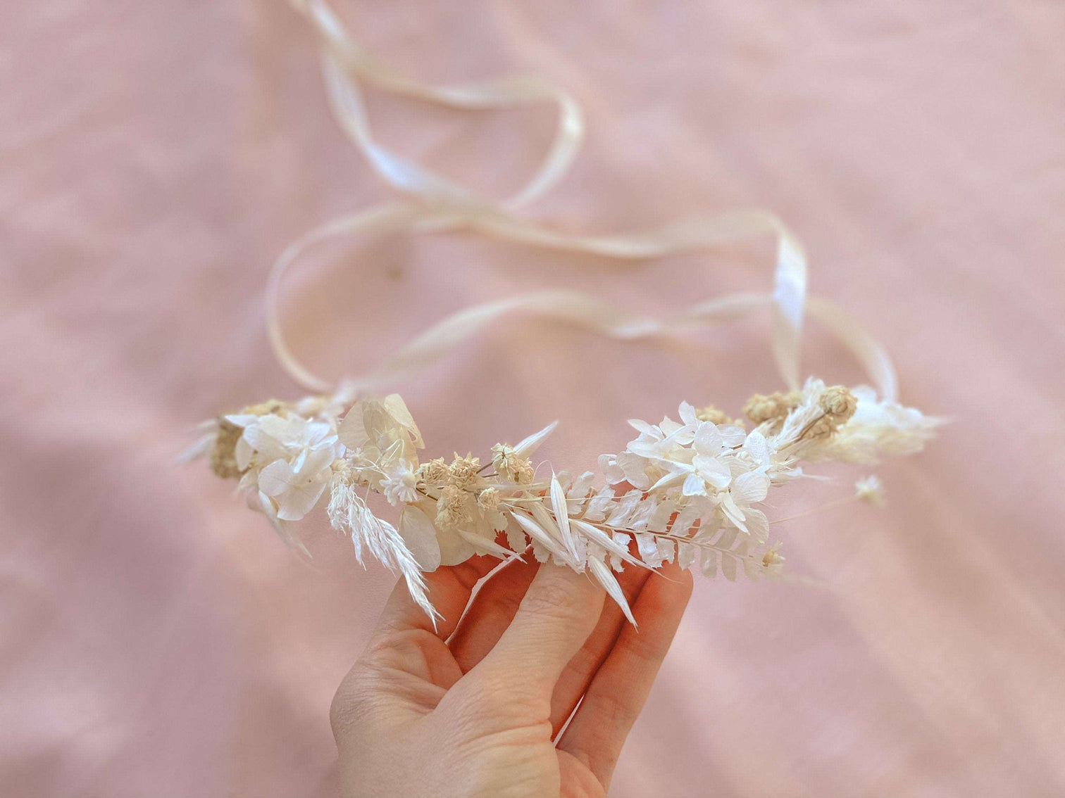 hiddenbotanicsweddings Hair Crowns All White Hydrengea Wedding Half Crown / Baby's Breath Dried Grasses Crown / Dried Flower Crown / Boho Bridal Crown
