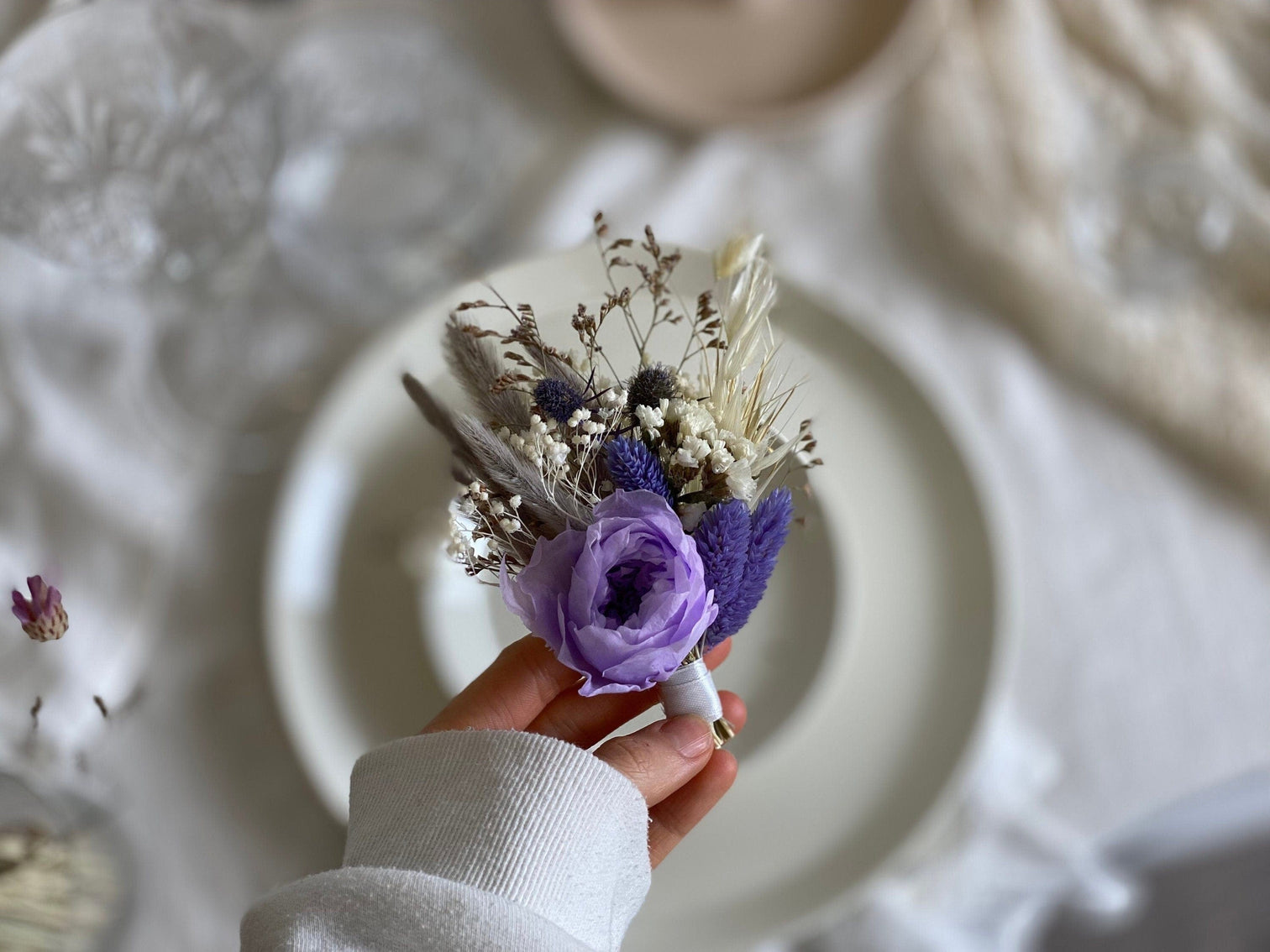 hiddenbotanicsweddings Buttonholes/Boutonnieres Lilac Eternal Rose Lapel Pin and Natural Dried Flowers Boutonniere Preserved Rose Buttonhole / Boho Boutonniere