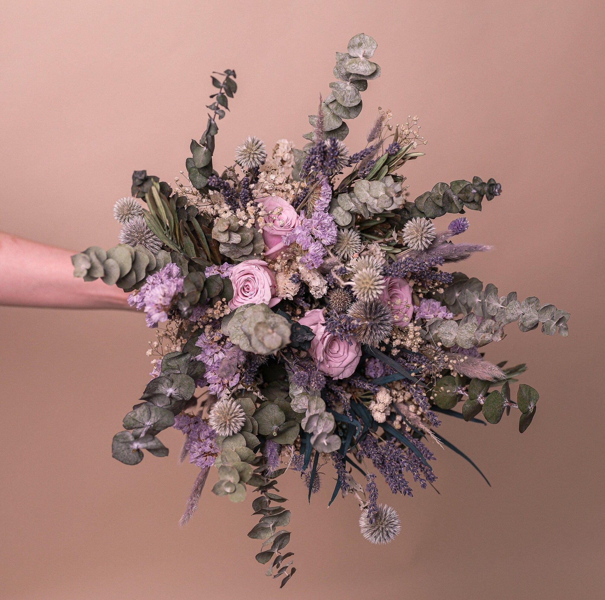 hiddenbotanicsweddings Dried Pale Eucalyptus, Scottish Globe Thistles & Lilac Eternal Roses Wildflower bridal bouquet / Lilac Wedding Bouquet / Purple Wedding