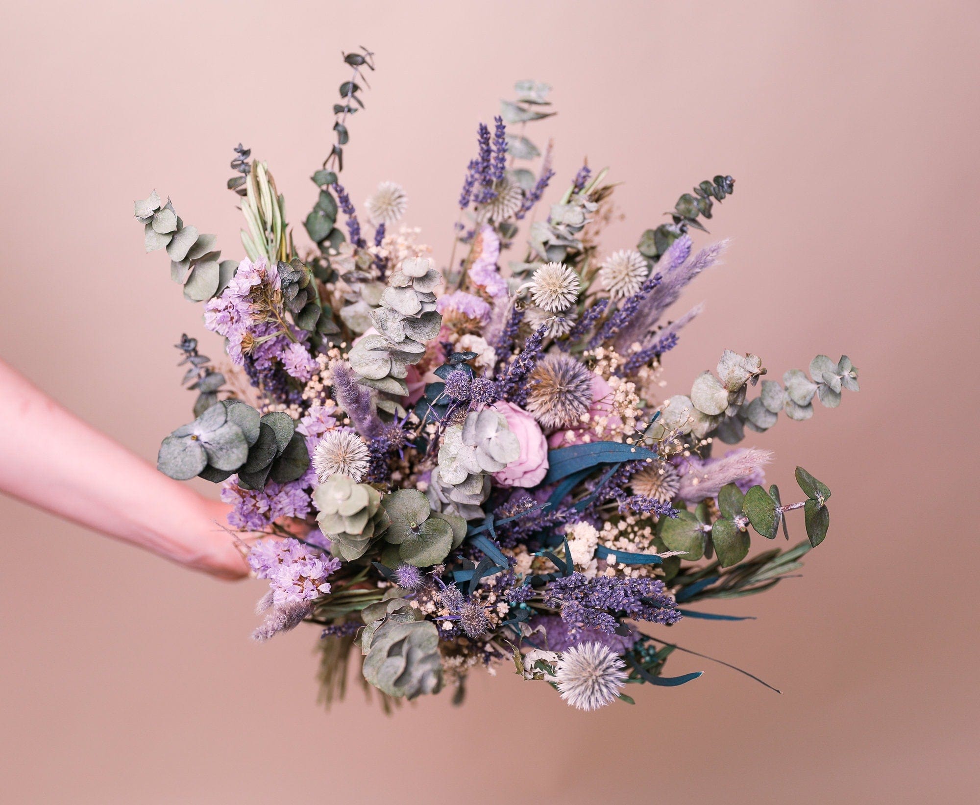 hiddenbotanicsweddings Dried Pale Eucalyptus, Scottish Globe Thistles & Lilac Eternal Roses Wildflower bridal bouquet / Lilac Wedding Bouquet / Purple Wedding