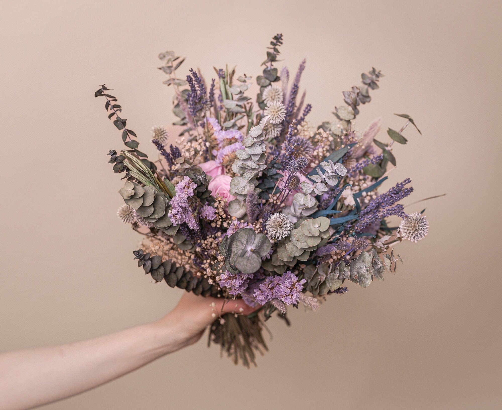 hiddenbotanicsweddings Dried Pale Eucalyptus, Scottish Globe Thistles & Lilac Eternal Roses Wildflower bridal bouquet / Lilac Wedding Bouquet / Purple Wedding