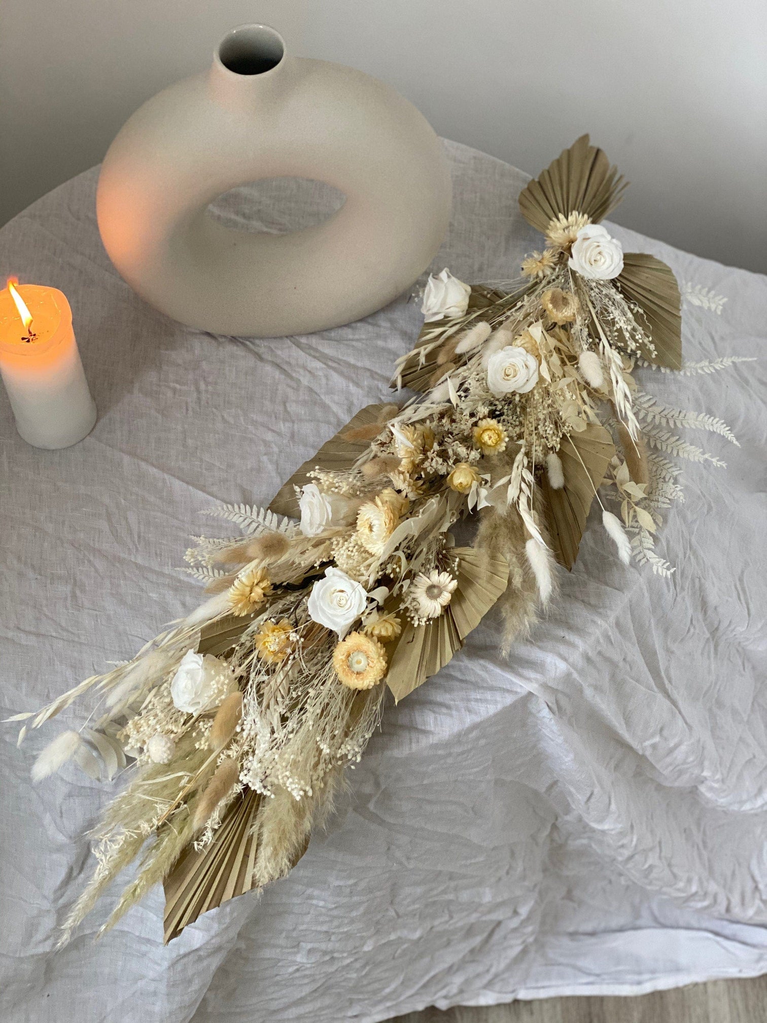 hiddenbotanicsweddings Floral Home Decorations Palm Spear Moongate Decoration Cream and Natural Flowers Arch Decoration Chuppah Decor, Wedding Arch Decor, Backdrop Decor