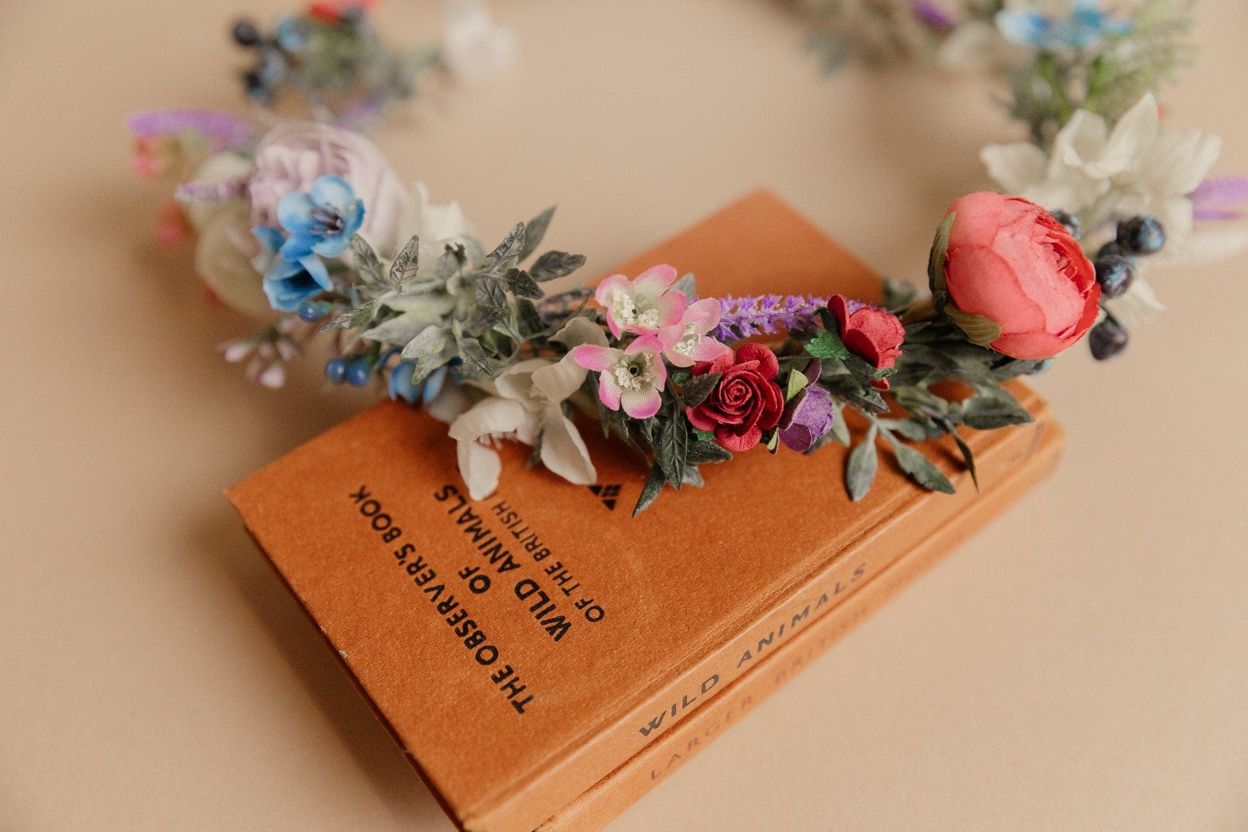 hiddenbotanicsweddings Hair Crowns Pastel Red and Artificial Wildflowers Boho Flower Crown / Boho Headpiece / Festival Crown / Bridal Crown