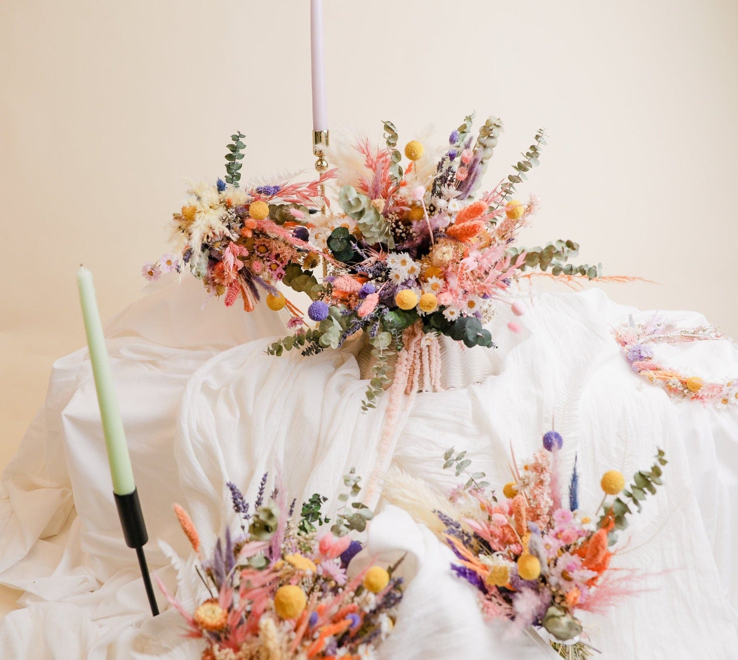 hiddenbotanicsweddings All Pastel Summer and Spring Wildflowers, Dried Daisies, Dried Craspedias, Dried Eucalyptus & Boho Bridal Bouquet Meadow Flowers