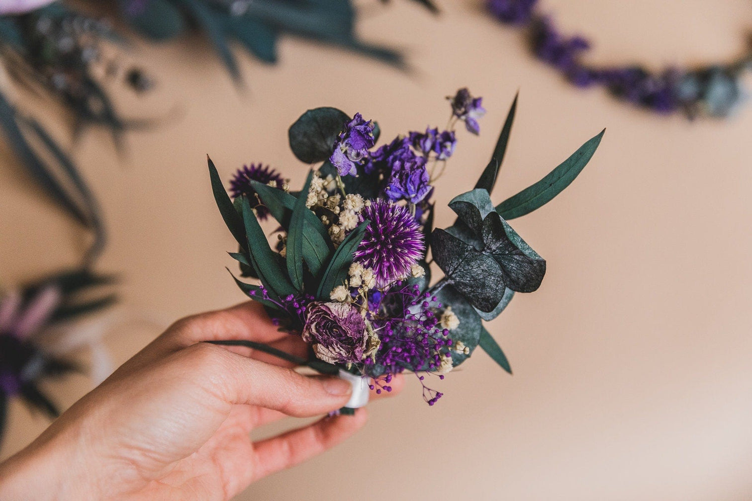 hiddenbotanicsweddings Buttonholes/Boutonnieres Eucalyptus & Globe Scottish Thistle Purple Boutonnieres / Lapel Pin For Men / Groom Pin / Boho Boutonniere / Groom Boutonniere