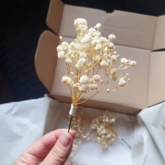 hiddenbotanicsweddings Hair Pin Sets Gypsophila Hair Pin, White Baby's Breath Bridal Hair Pin, Real Dried Flowers, Woodland Weddings, Rustic hair pin,