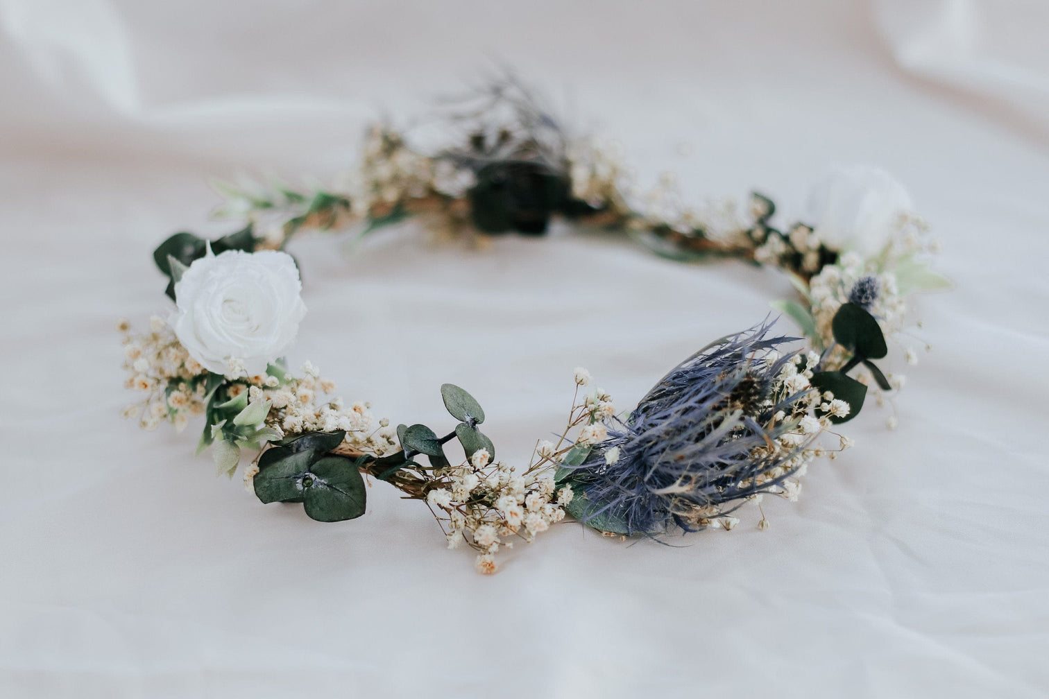 hiddenbotanicsweddings Hair Crowns Real Dried Thistle Crown, Dried Eucalyptus and Preserved White Roses with Thistles Crown, Boho Flower Crown , Bridal Crown