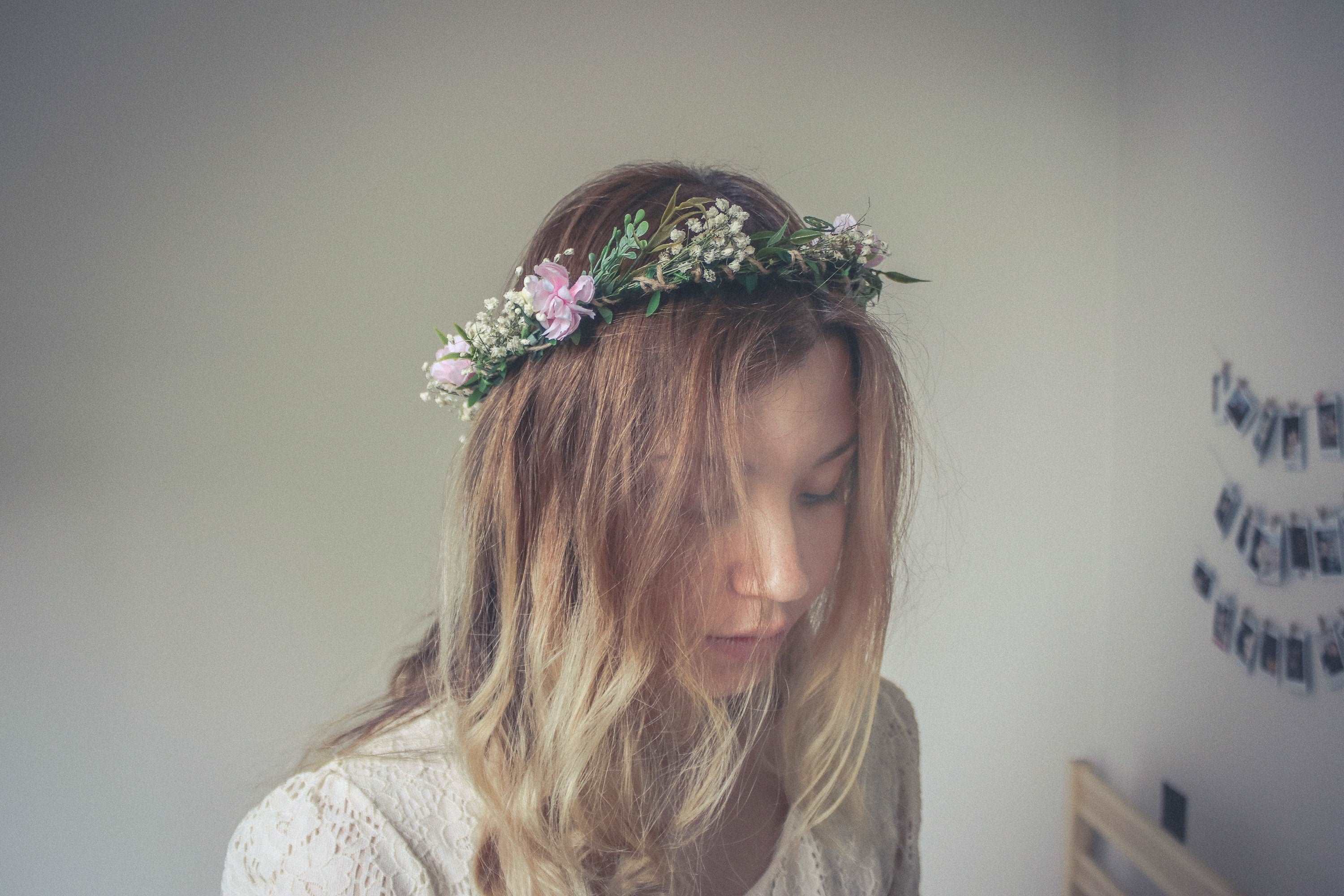 hiddenbotanicsweddings Hair Crowns Baby's breath Flower Crown, with Blush Pink Cherry Blossoms, wedding wreath, gypsophila wedding crown, boho flower crown