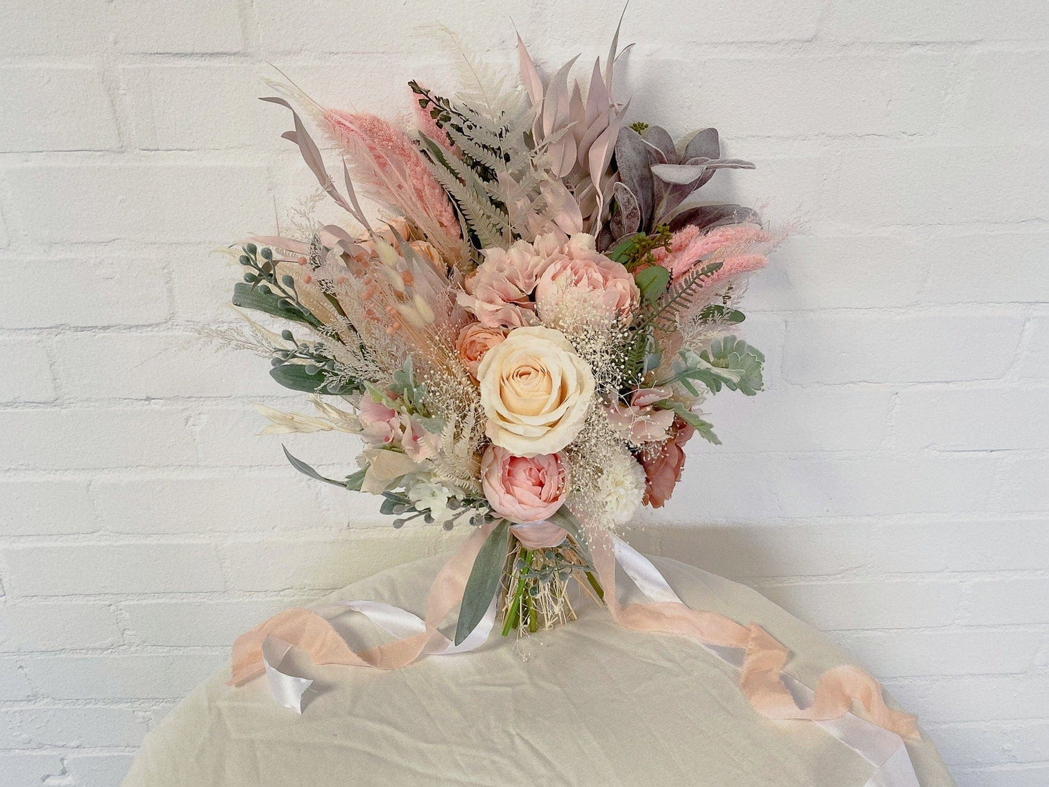 hiddenbotanicsweddings Pastel Pink Artificial Roses & Eucalyptus Boho Bridal Bouquet / Fake Flower Wedding Bouquet